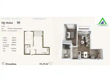 Dvosoba stan u izgradnji 41.33 m2 - naselje Hiseta/Kočićev Vijenac