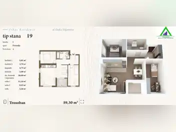 Trosoban stan u izgradnji 59.30 m2 - naselje Hiseta